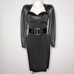 Vintage Cache Black Sheer Long Sleeve Sweetheart Neckline Pencil Dress 6